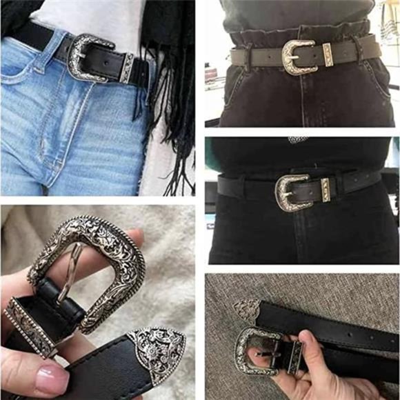 INOGIH Western-Leather-Belts-Vintage Waist-Belts with Hollow Out Flower Buckle main image 4